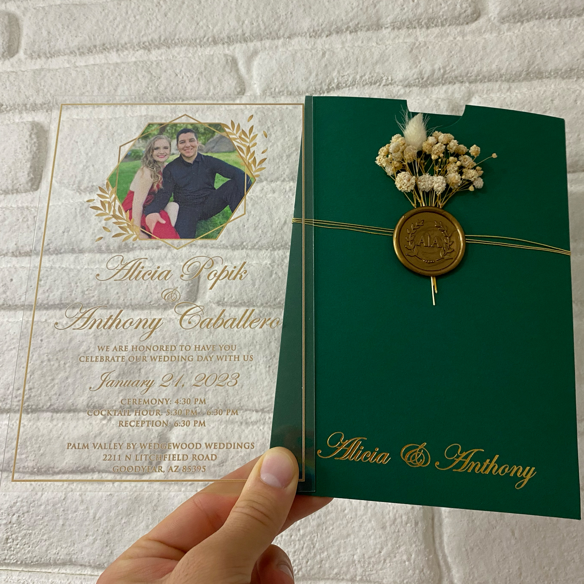 Acrylic wedding invitation with photo, Emerald green envelope, Gold wax seal and dried flowers 